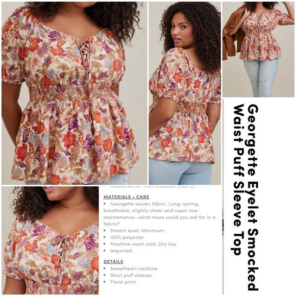 Puff Sleeve Babydoll Top Torrid Plus Size 4X Floral Print Eyelet Smocked Corset - Picture 6 of 9